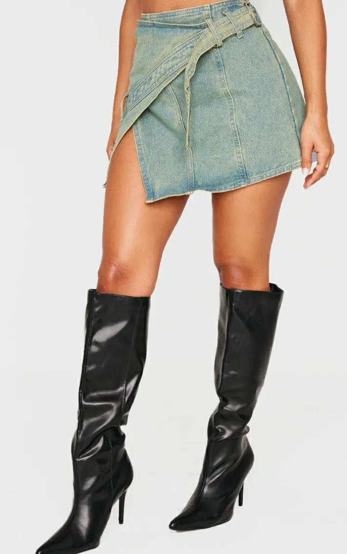 Petite Vintage Wash Denim Wrap Over Mini Skirt