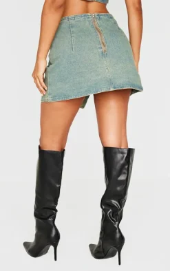 Petite Vintage Wash Denim Wrap Over Mini Skirt