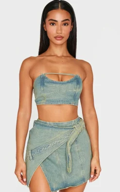 Petite Vintage Wash Denim Wrap Over Mini Skirt