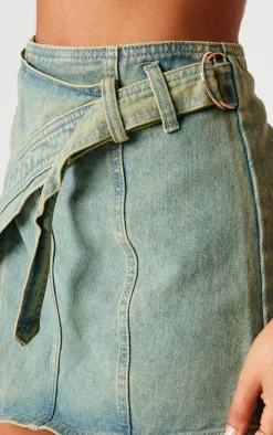 Petite Vintage Wash Denim Wrap Over Mini Skirt