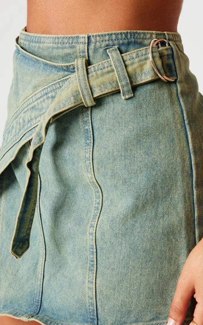 Petite Vintage Wash Denim Wrap Over Mini Skirt