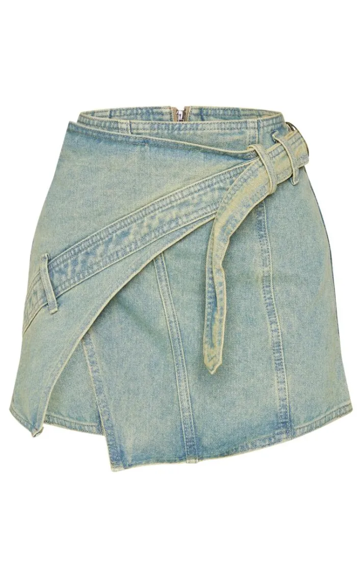 Petite Vintage Wash Denim Wrap Over Mini Skirt