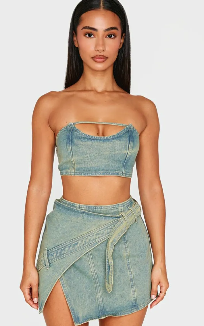 Petite Vintage Wash Denim Bandeau Crop Top