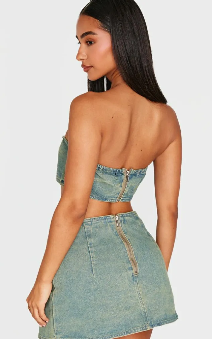Petite Vintage Wash Denim Bandeau Crop Top