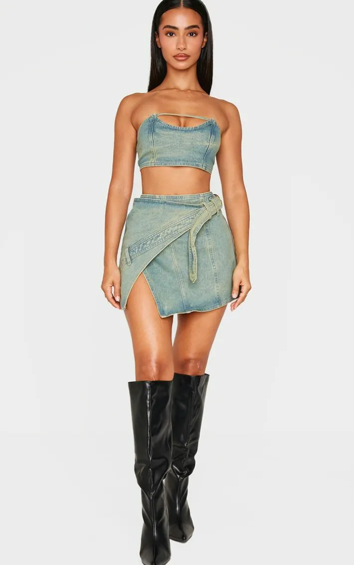 Petite Vintage Wash Denim Bandeau Crop Top