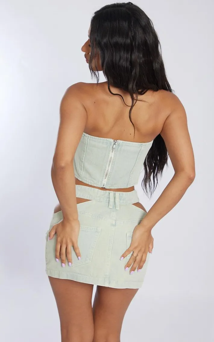 Petite Vintage Wash Distressed Cup Denim Corset Top