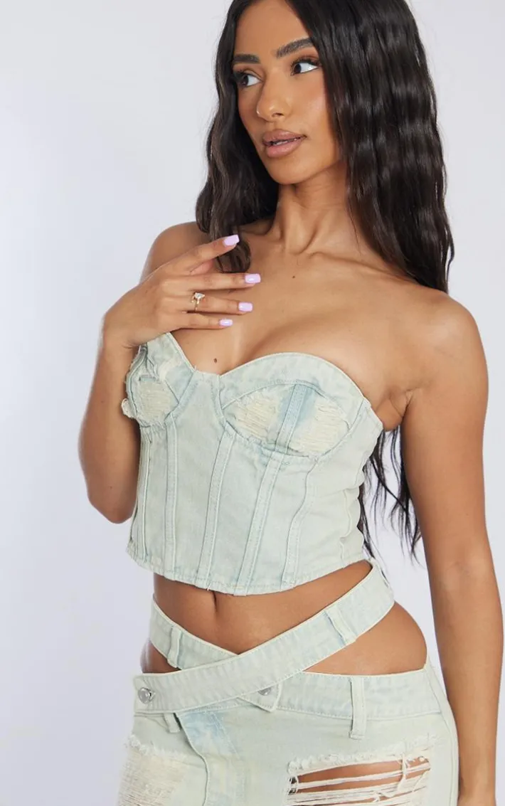 Petite Vintage Wash Distressed Cup Denim Corset Top