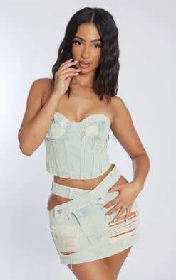 Petite Vintage Wash Distressed Cut Out Waistband Denim Mini Skirt