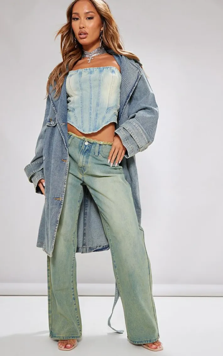 Petite Vintage Wash Fray Waist Low Rise Straight Leg Jeans