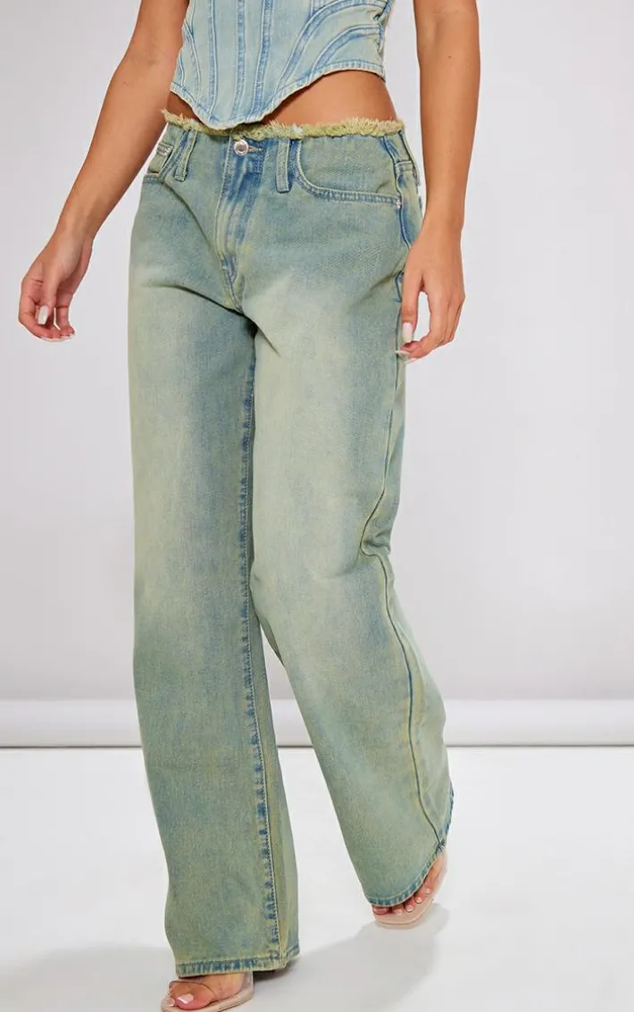 Petite Vintage Wash Fray Waist Low Rise Straight Leg Jeans