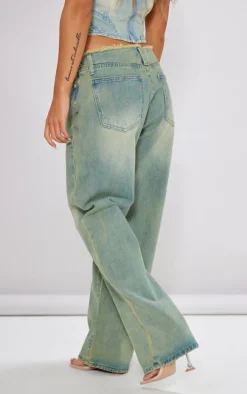 Petite Vintage Wash Fray Waist Low Rise Straight Leg Jeans