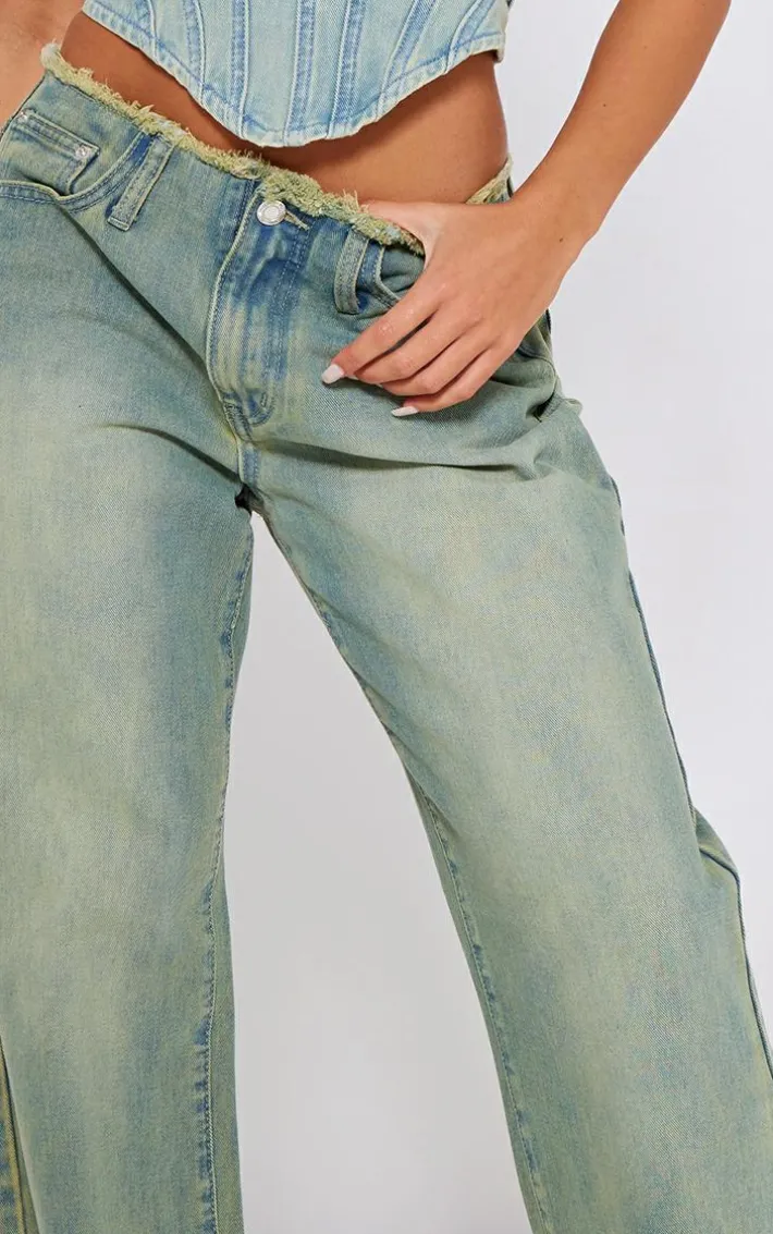 Petite Vintage Wash Fray Waist Low Rise Straight Leg Jeans
