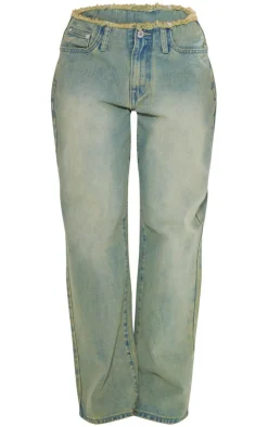 Petite Vintage Wash Fray Waist Low Rise Straight Leg Jeans