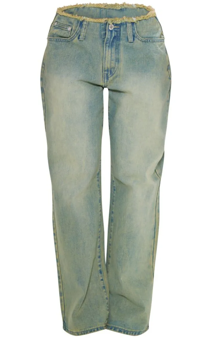 Petite Vintage Wash Fray Waist Low Rise Straight Leg Jeans