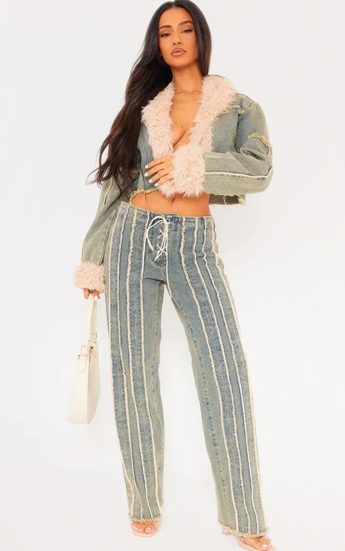 Petite Vintage Wash Fray Detail Lace Up Straight Leg Jeans