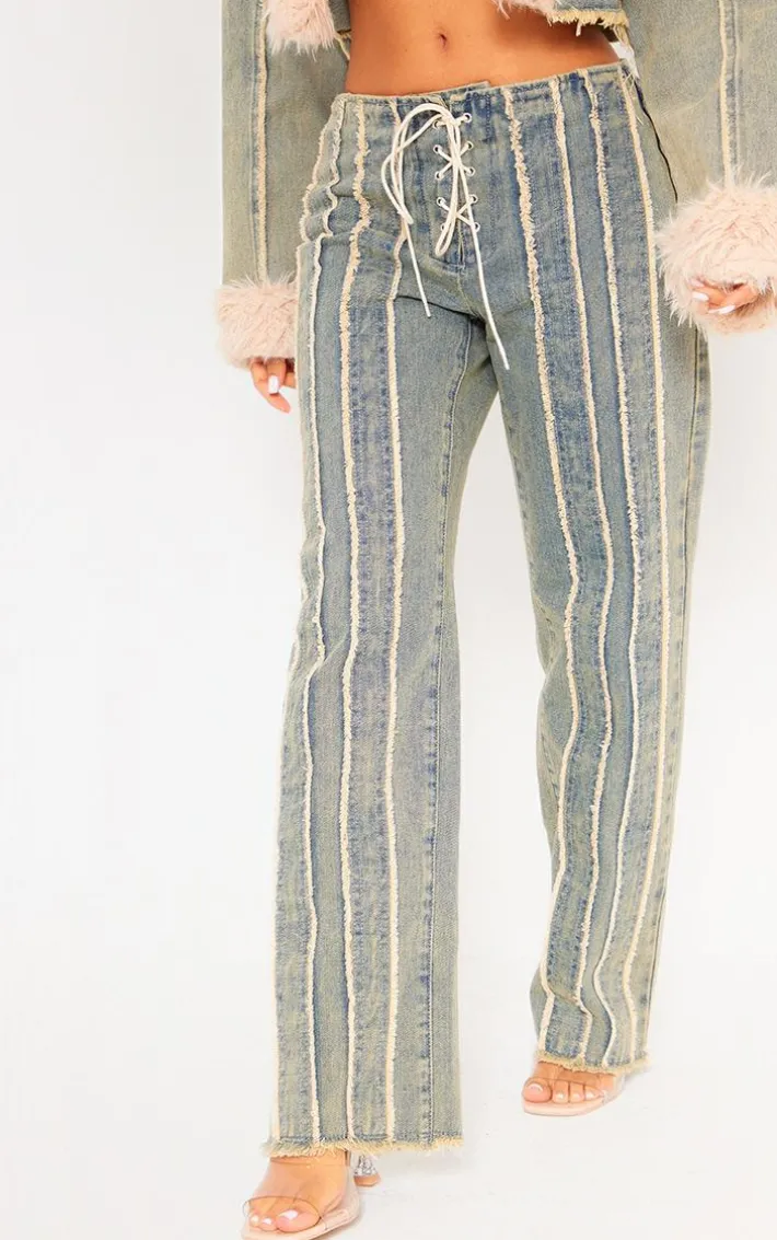Petite Vintage Wash Fray Detail Lace Up Straight Leg Jeans