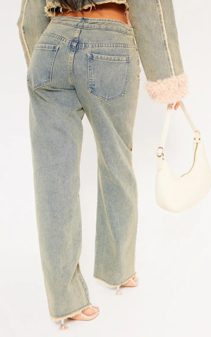 Petite Vintage Wash Fray Detail Lace Up Straight Leg Jeans