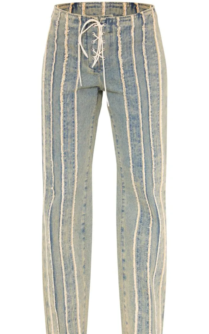 Petite Vintage Wash Fray Detail Lace Up Straight Leg Jeans