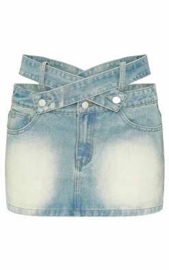 Petite Vintage Wash Low Rise Belt Detail Denim Mini Skirt