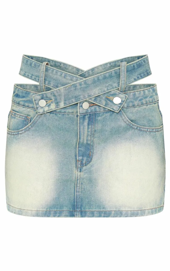 Petite Vintage Wash Low Rise Belt Detail Denim Mini Skirt