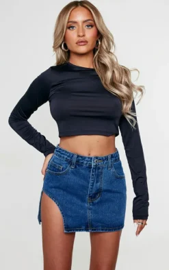 Petite Vintage Wash Micro Mini Cut Out Denim Skirt