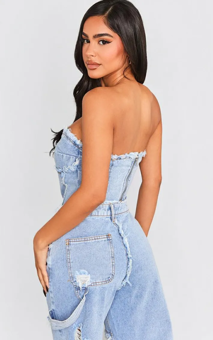 Petite Vintage Wash Raw Hem Detail Denim Corset Top