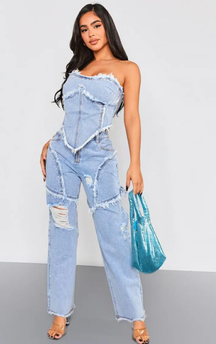 Petite Vintage Wash Raw Hem Detail Denim Corset Top