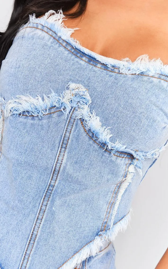 Petite Vintage Wash Raw Hem Detail Denim Corset Top