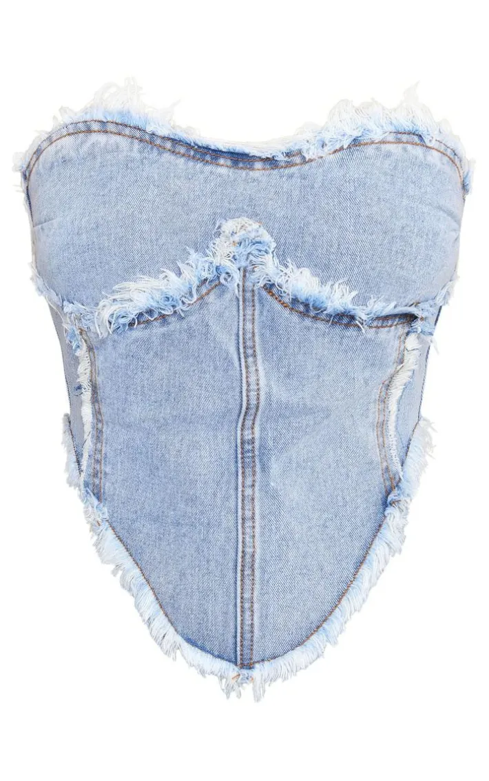 Petite Vintage Wash Raw Hem Detail Denim Corset Top