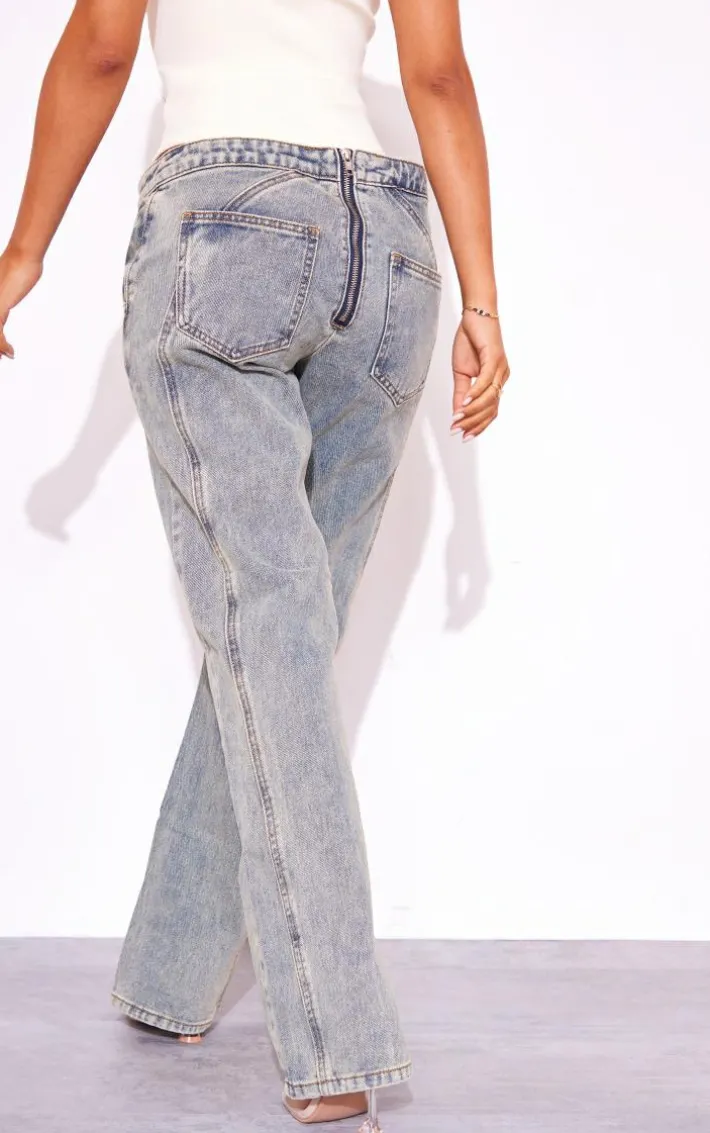 Petite Vintage Wash Seam Back Foldover Waistband Straight Leg Jeans