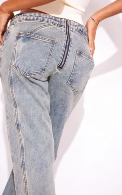 Petite Vintage Wash Seam Back Foldover Waistband Straight Leg Jeans