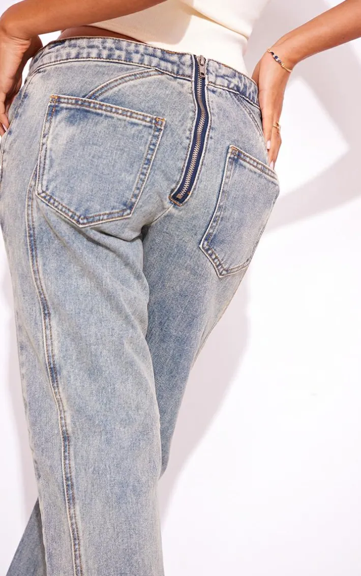 Petite Vintage Wash Seam Back Foldover Waistband Straight Leg Jeans