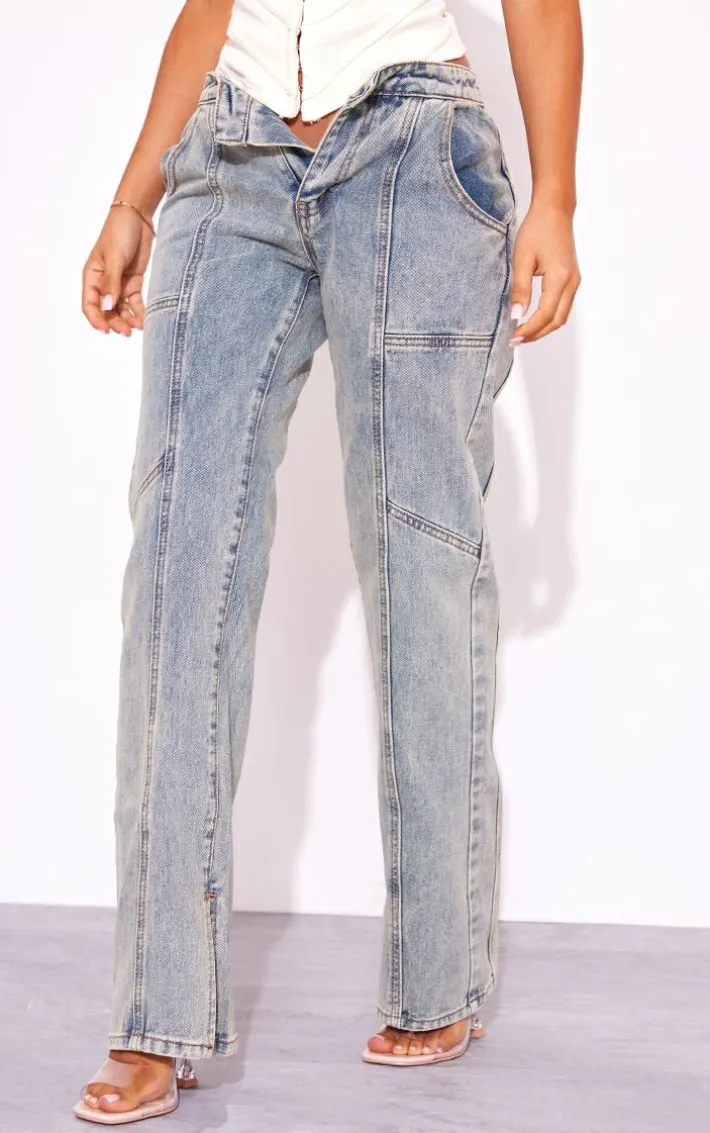 Petite Vintage Wash Seam Detail Foldover Waistband Straight Leg Jeans