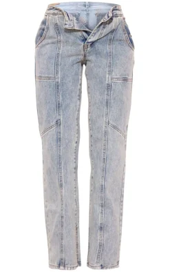 Petite Vintage Wash Seam Detail Foldover Waistband Straight Leg Jeans