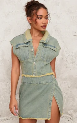 Petite Vintage Wash Sleeveless Wrap Over Denim Mini Dress
