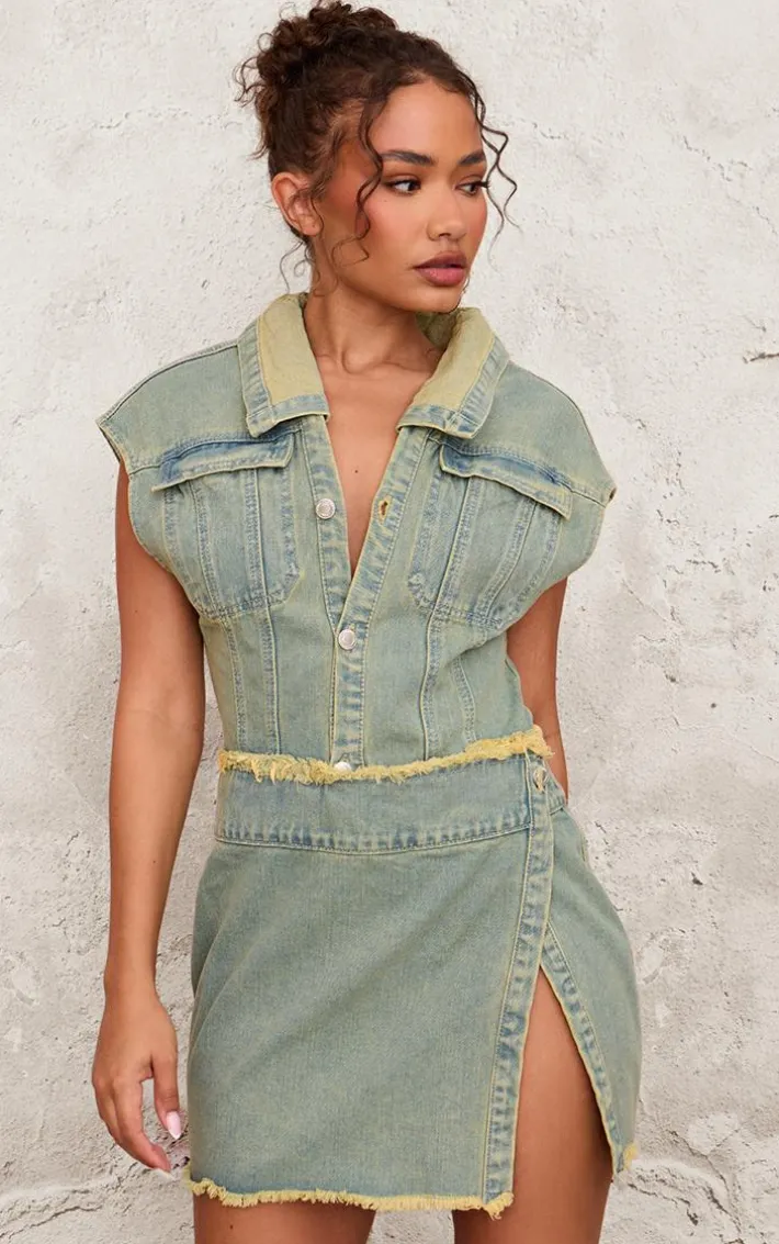 Petite Vintage Wash Sleeveless Wrap Over Denim Mini Dress
