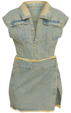 Petite Vintage Wash Sleeveless Wrap Over Denim Mini Dress