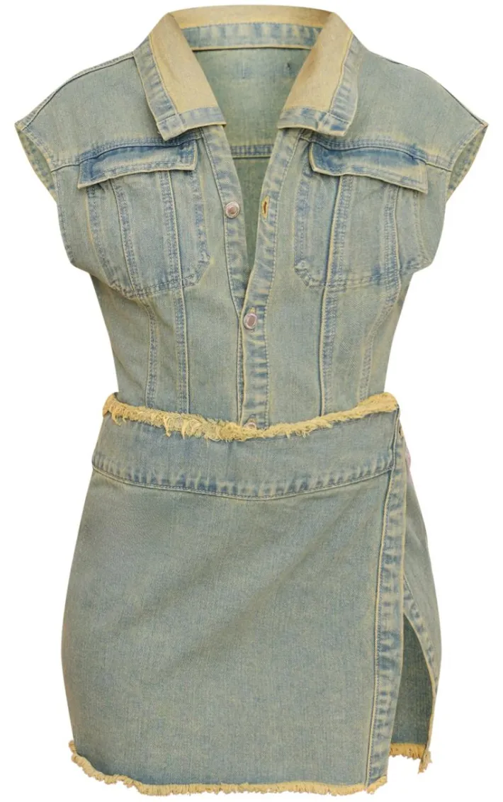 Petite Vintage Wash Sleeveless Wrap Over Denim Mini Dress