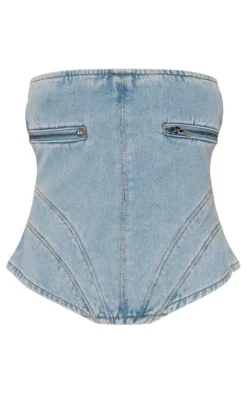 Petite Vintage Wash Zip Detail Denim Curved Hem Corset