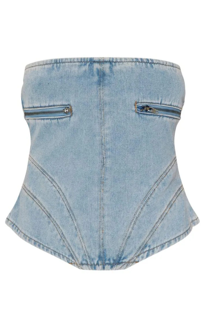 Petite Vintage Wash Zip Detail Denim Curved Hem Corset
