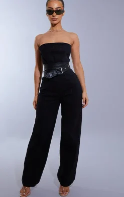 Petite Washed Black Bandeau Denim Jumpsuit