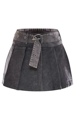 Petite Washed Black Belted Micro Mini Pleated Skirt
