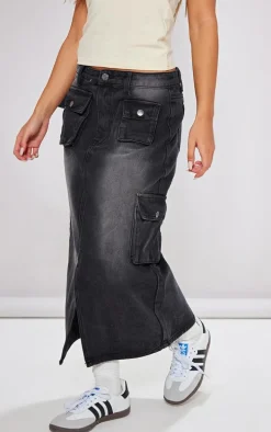 Petite Washed Black Denim Cargo Midaxi Skirt