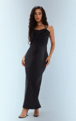 Petite Washed Black Denim Strappy Cup Detail Midaxi Dress