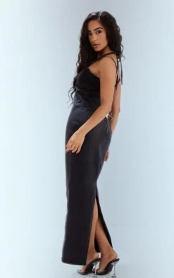 Petite Washed Black Denim Strappy Cup Detail Midaxi Dress