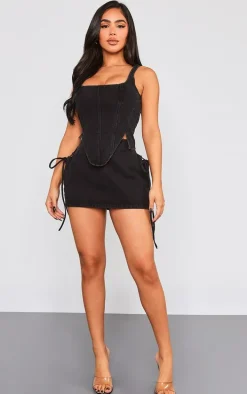 Petite Washed Black Denim Lace Up Mini Skirt