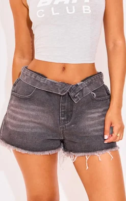 Petite Washed Black Denim Fold Over Waistband Shorts