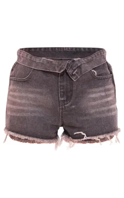 Petite Washed Black Denim Fold Over Waistband Shorts