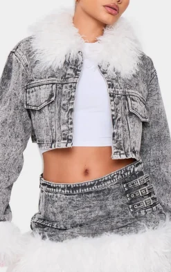 Petite Washed Black Denim Cropped Jacket With Fur Trims