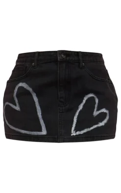 Petite Washed Black Denim Mini Skirt With Heart Details